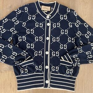 Gucci GG Logo White Navy Blue Cotton Cardigan Large